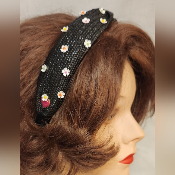 Handbeaded Black Straw Rattan Headband One of a Kind - Picture 2 of 6